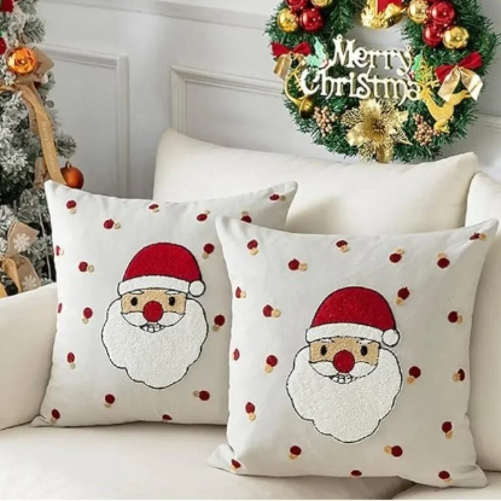 2 Pcs Christmas Pillow Covers Canvas Cotton Embroidered Santa Claus
